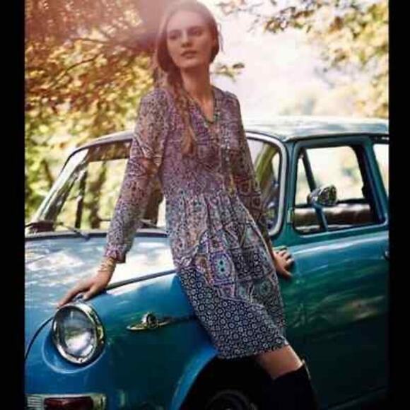 Maeve Anthropologie Smocked V-Neck Floral Tiled Long Sleeve Boho Dress Size XS - Picture 1 of 9